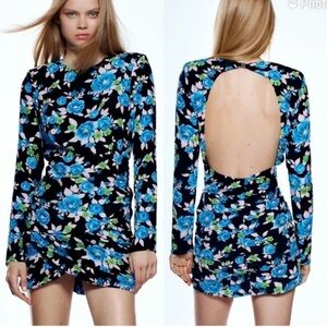 Zara Blue Rose Printed Black  Backless Mini Dress - NWT
